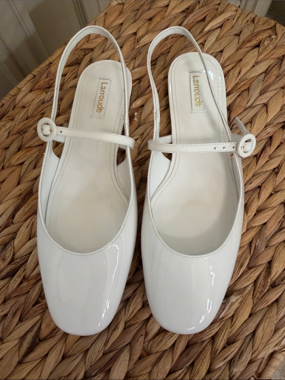 Larroude White Patent Slingback Mules